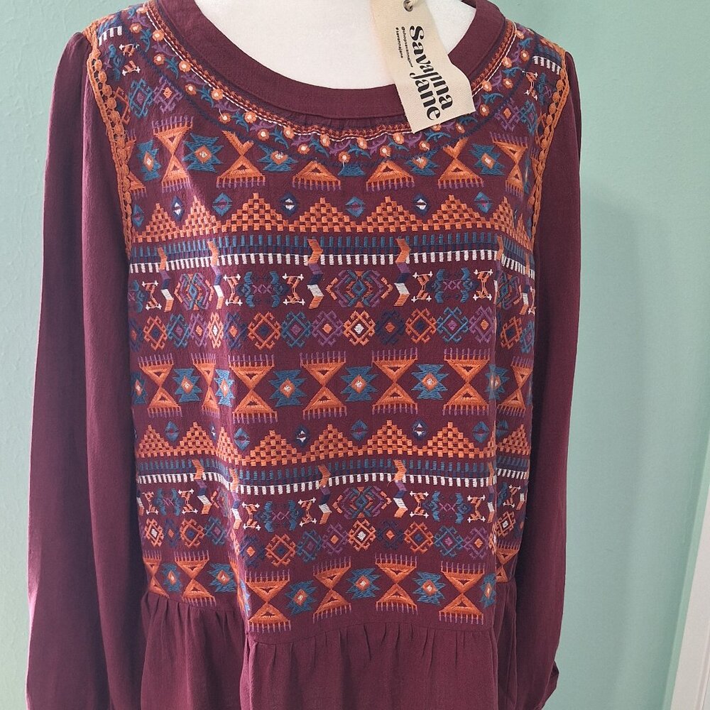 NWT Savanna Jane Embroidered Long Sleeved Blouse. Size L